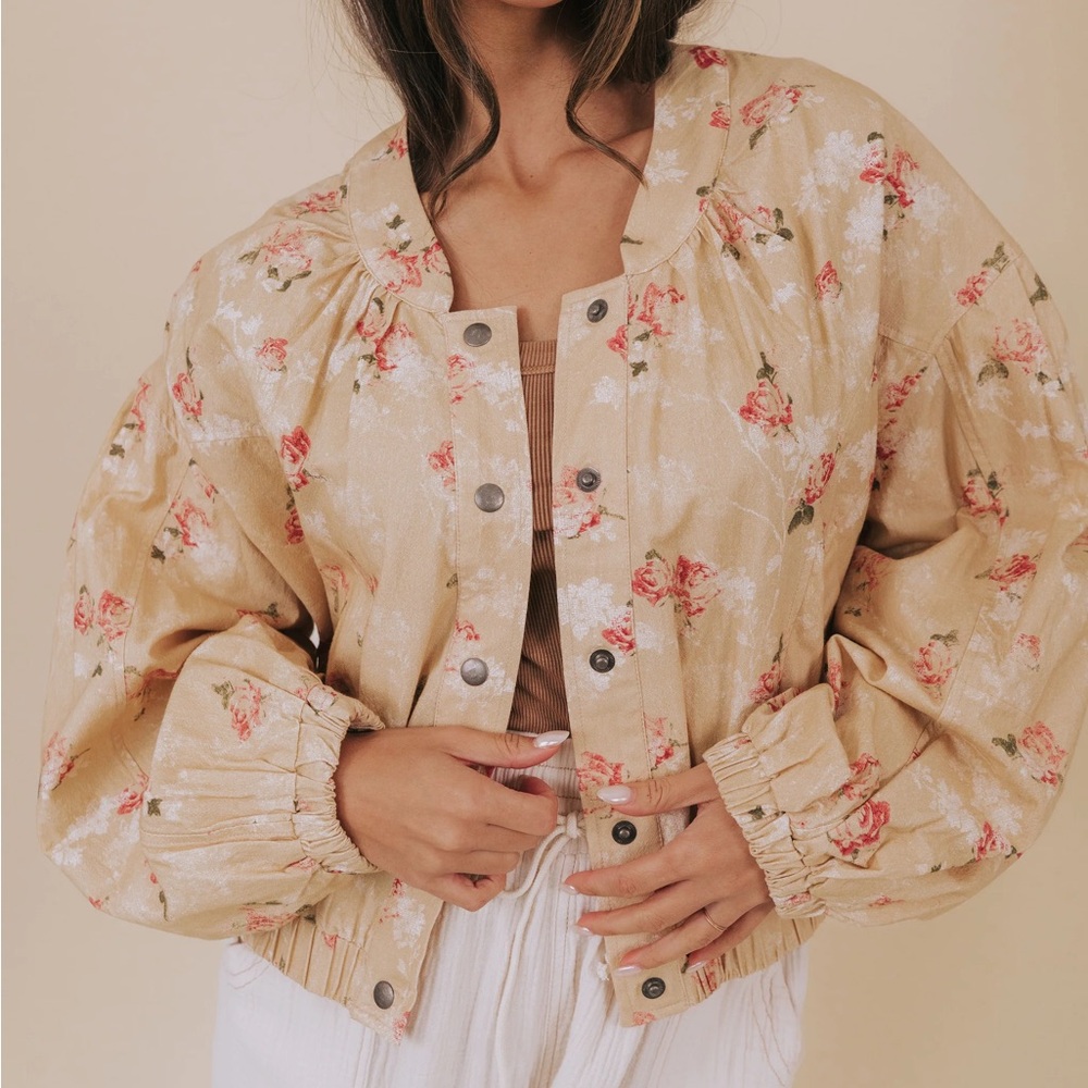 Free People Cream Floral Satin Bomber Jacket